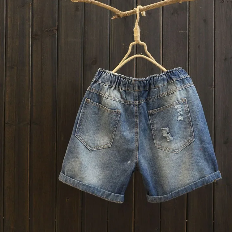 Хлопковые джинсовые шорты с вышивкой кошек, женские летние свободные шорты с эластичным поясом и манжетами, Новое поступление, размер M-XL