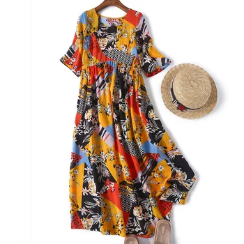 

Crepe De Chine Silk Printed round Neck Elbow-Sleeve 2019 Summer New Style Female High Waist Loose-Fit Long Silk Dress