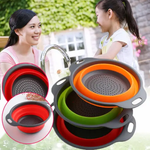

3 Colors Pieces Collapsible Silicone Colander Folding Kitchen Silicone Strainer Folding Drain Basket