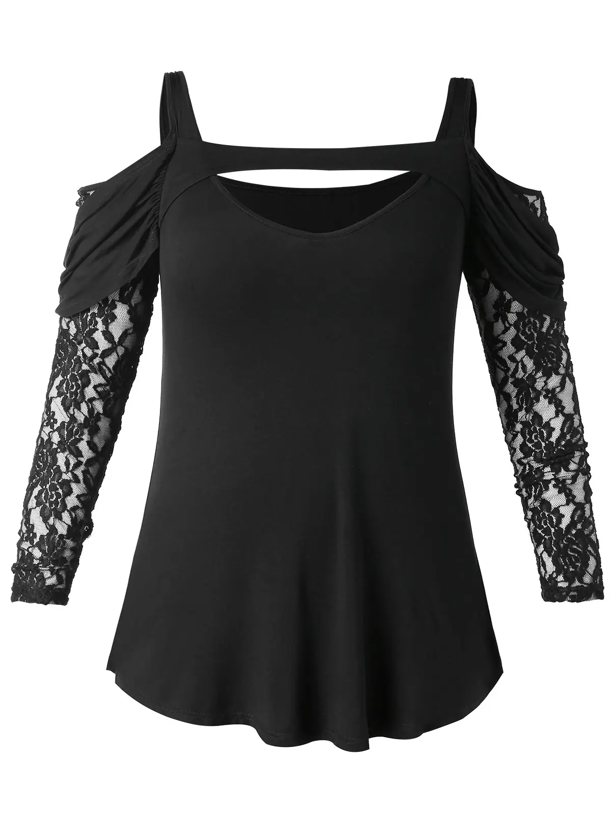 

Wipalo Women Plus Size Cut Out Lace Sleeve Cold Shoulder T-Shirt Keyhole Neck Spaghetti Strap Solid Casual Tees 5XL Ladies Tops