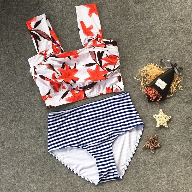 

Multiple Styles Retro Bikini Set Women High Neck Print Floral Swimwear Women Striped High Waist Swimsuit Bathing Suit For Ladies