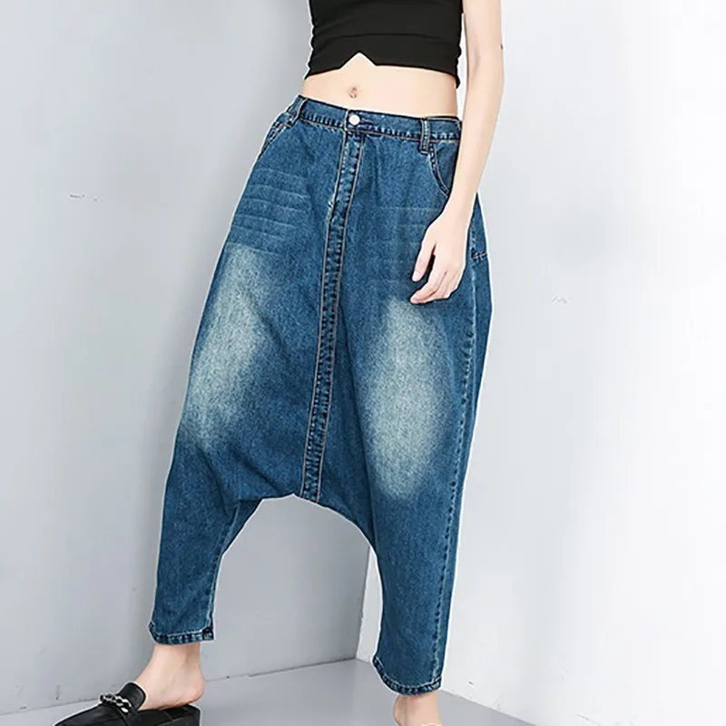 

[YaLee] New Fashion 2019 Spring Summer Lace-up Blue Jeans Thin Pockets Splicing Personality Loose Denim Haren Pants Women U258