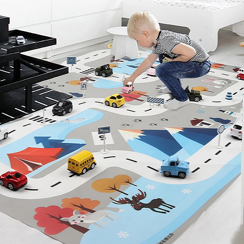 

Ins Educational Toys Nordic Gym Play Mat White Blue 130*100 Children's Traffic Parking lot Map Car Portable Animals Game Pad