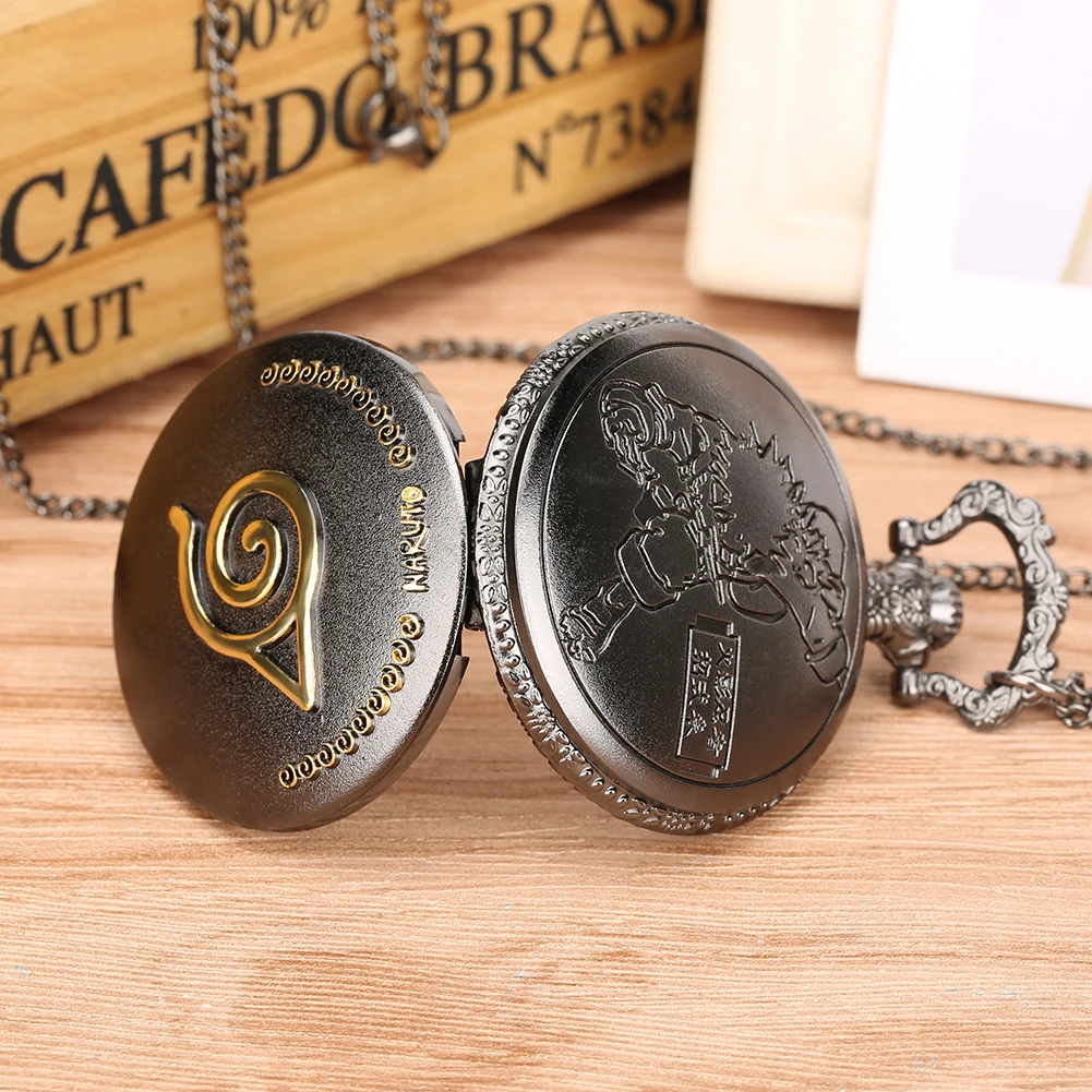 Creative Naruto Quartz Pocket Watch for Men Golden Relief Watches for Boys Cartoon Characters Carving Necklace 3