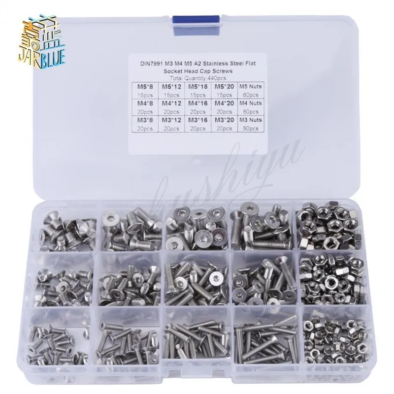 440pcs/set M3 M4 M5 Screws Bolts and Nuts Assortment Kit Stainless