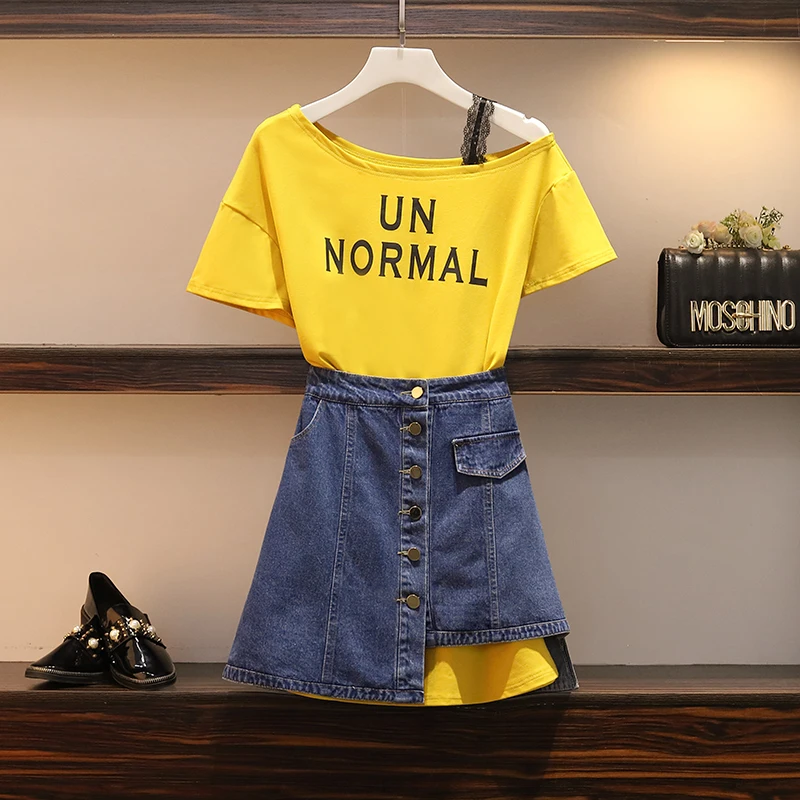 

2019 Summer Women 2 Piece sets Girl's Letters Print Loose Long T-shirt + Irregular Denim Skirts Twinset Jeans Skirt Sets
