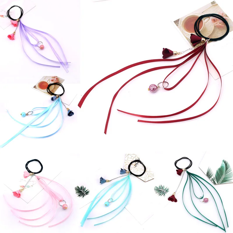 

Fashion Korean Style 1PC Ribbon Flower Pearl Rubber Bands Ponytail Holder Hair Rope Adjustable Elastic Hair Accessories Gifts