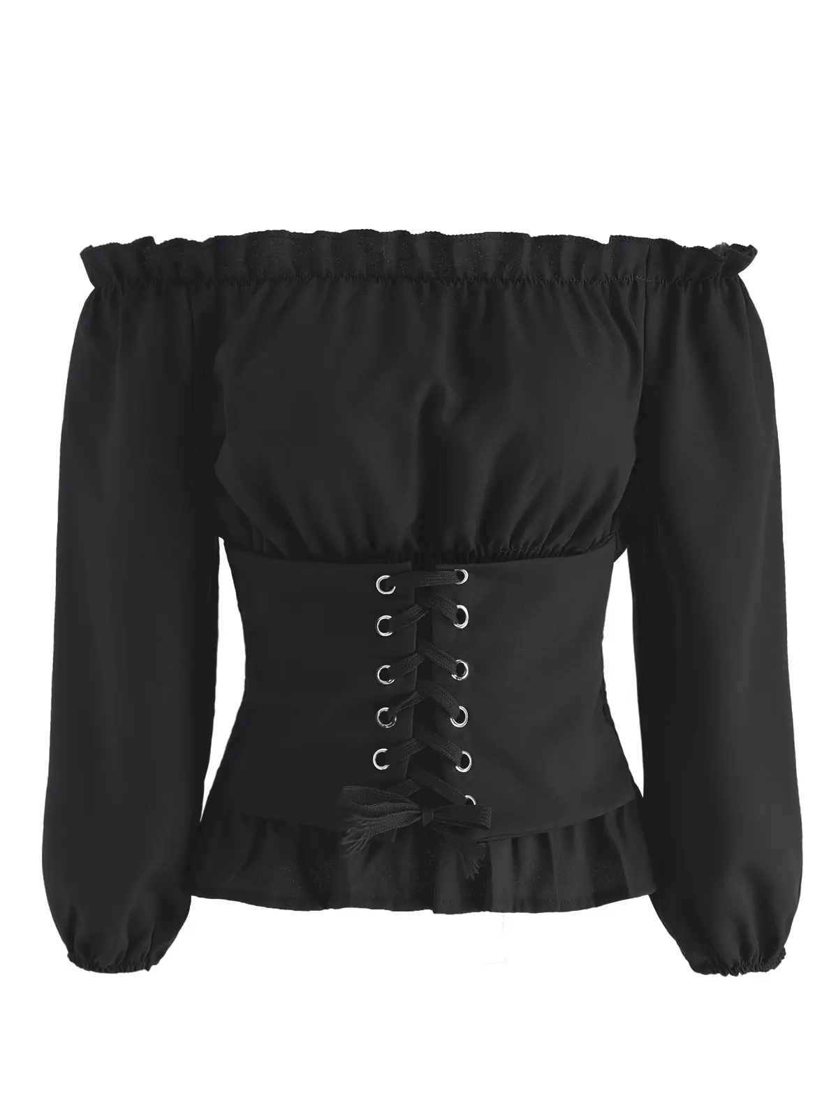 

Sovalro Off Shoulder Corset Waist Women Blouse Fashion Streetwear Ruffles Lace Up Cropped Blouses Spring Kimono Blusas White