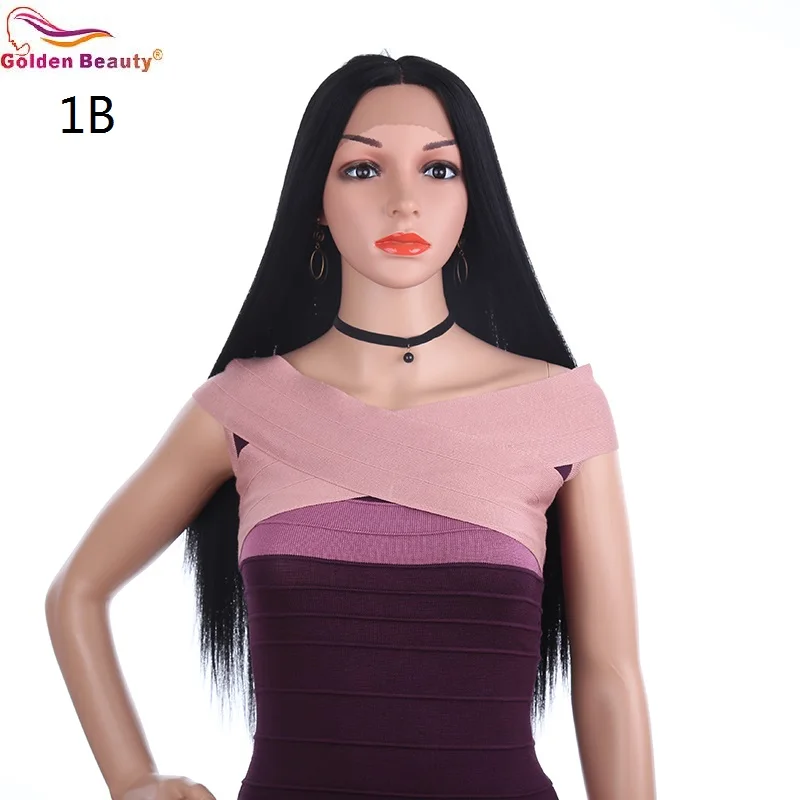 

Long Straight Black Synthetic Wig Blonde Lace Front Wig Half Hand Tied Realistic Looking Heat Resistant Wig Golden Beauty