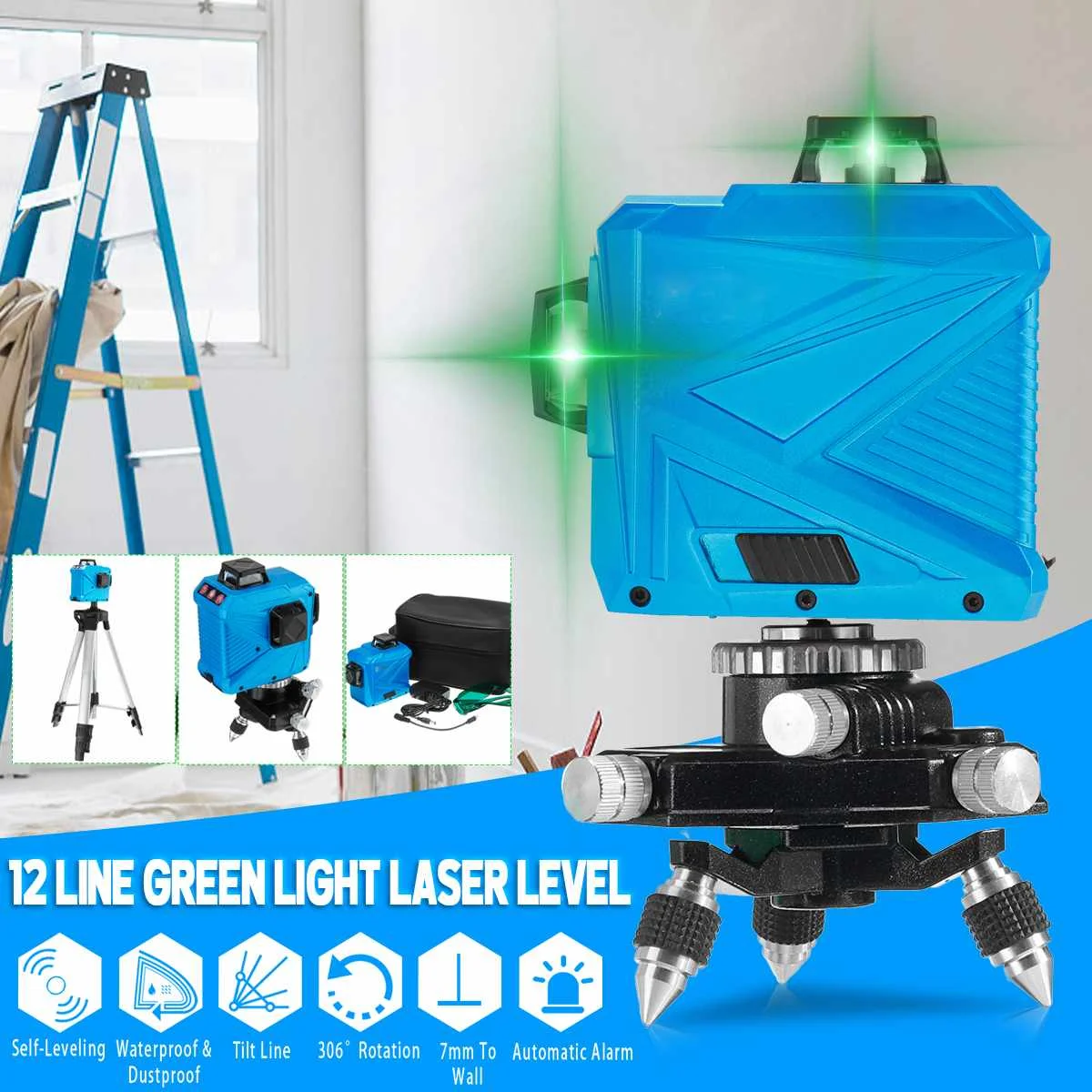 

3D 12 Line Green Light Laser Level Auto Self Leveling 360 Rotary Measure Cross Wall Mounted Bracket Tripod Base T-shaped