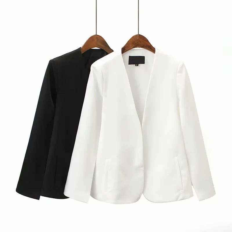 

New Arrival Spring Summer V-Neck Cloak Thin Coat Black/White Simple Split Design Loose Outerwear