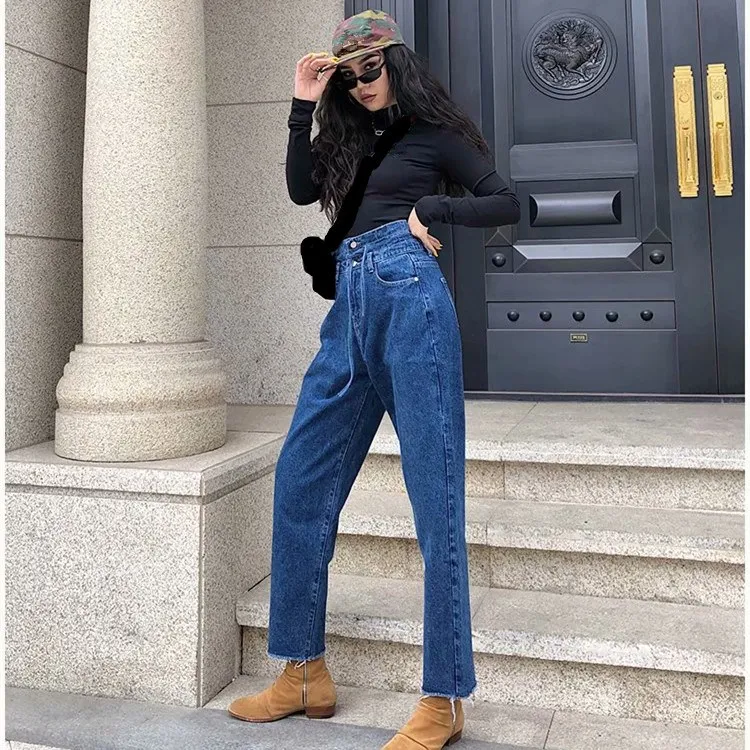 2019 весенние модные женские туфли Высокая талия джинсы для женщин новый кружево до заусенцев свободные джинсы для джинсовые штаны одноцветн