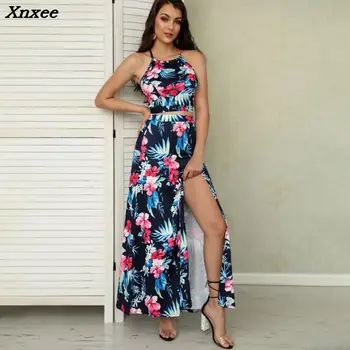 

2018 Summer New Fashion Women Sexy Beach 2XL XXL Suit Set Two Pieces Plus Size Floral Print Halter Caim Top&Thigh Slit Skirt Set