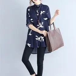 Модная женская блуза с отложным воротником и принтом; свободная синяя блузка; сезон весна-осень; винтажные однобортные длинные рубашки
