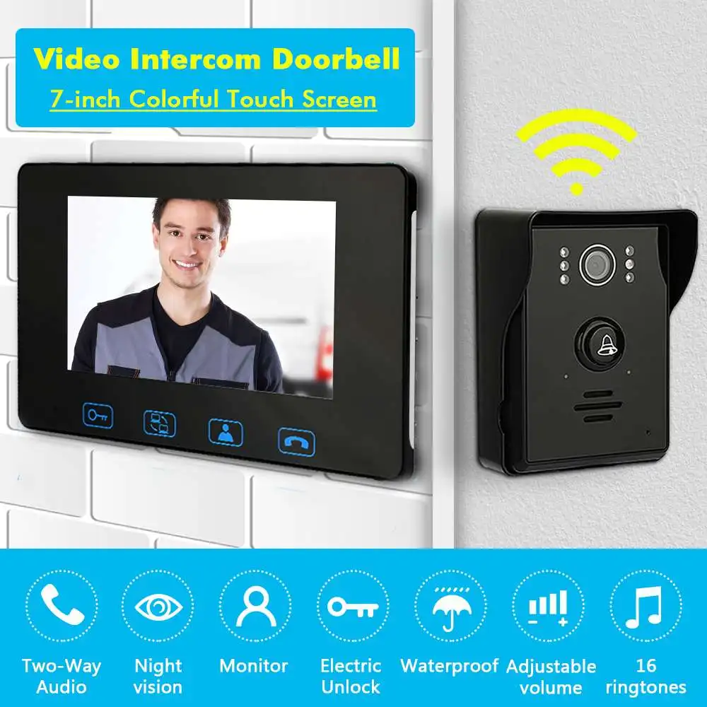 

New Waterproof Video Doorbell Wires Video Intercom Monitor - 7-inch Colorful Door Bell Home Security System with Night Vision