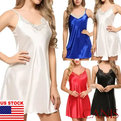 

Women Sexy Sleepwear Nightgown Satin Silk Babydoll Lace Sleeveless Night Sleep Dress Summer