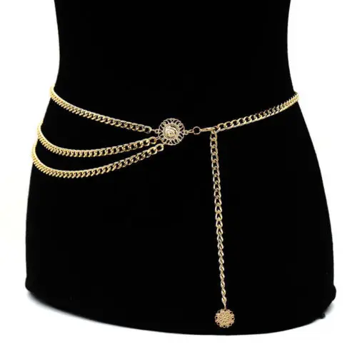 

2019 New Women Fashion Belt Hip High Waist Gold Narrow Metal Chain Chunky Fringes