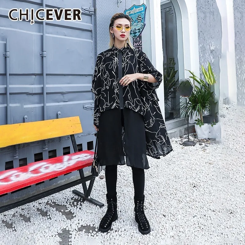 

CHICEVER Spring Casual Patchwork Chiffon Print Black Women Dress Square Collar Three Quarter Sleeve Zipper Irregular Hem Dresses
