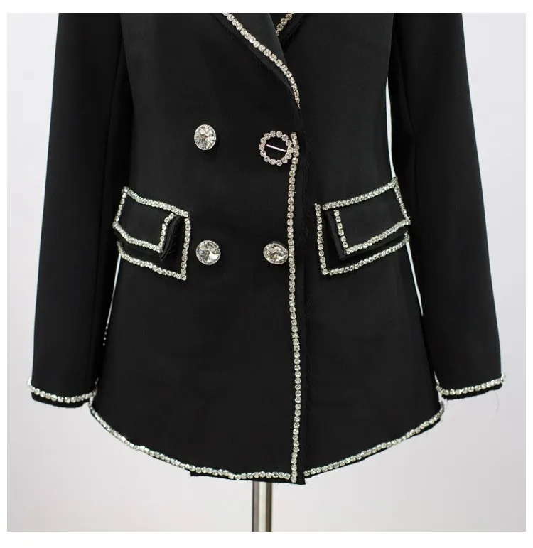 ZOUHIRC 2019 Designer Rhinestone Blazer Women Double Lion Buttons Shawl Collar Glitter Crystal Long Black Blazers High Quality