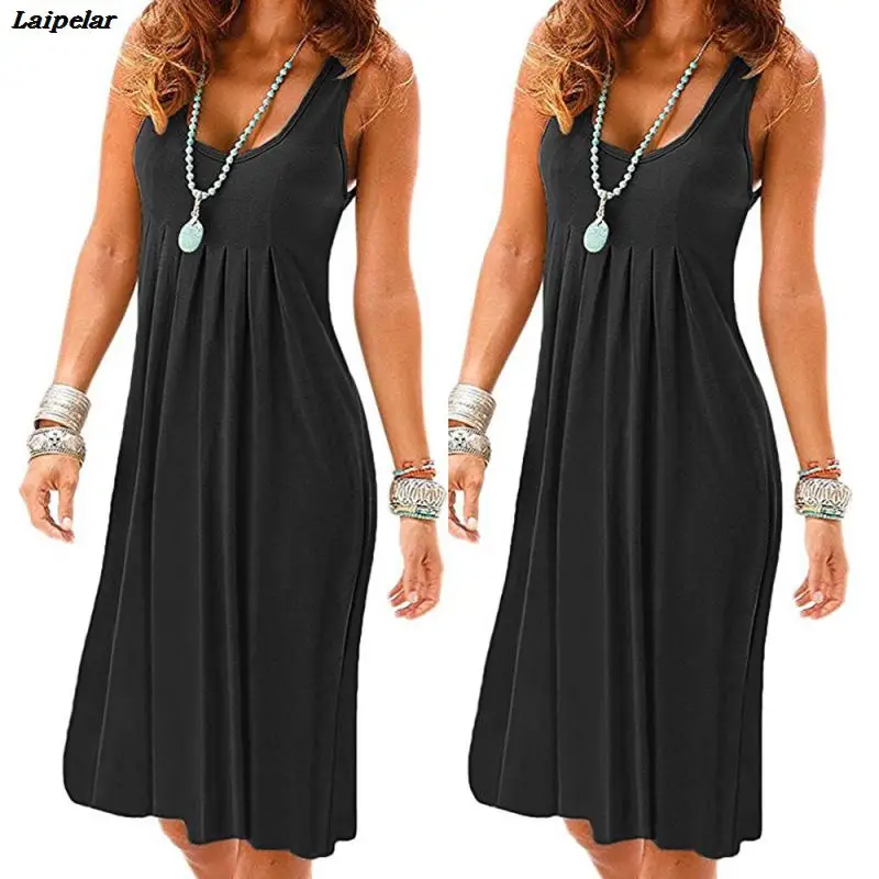 

Women Summer Sexy Solid Sleeveless Plain Pleated Casual Solid sarafan female summer 2018 kleider damen Laipelar