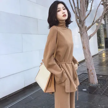

2018 Autumn Winter New Fashion Two Piece Set Fashion Turtleneck Sweaters and Pants Women Suits Lace-up Casual Outfits
