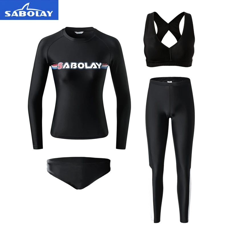 

4 Piece Black Rash Guard Women Profession Long Sleeve Set Swimsuit Rashguard Female Surf Suit For Swimming Surfing Diving Cloth