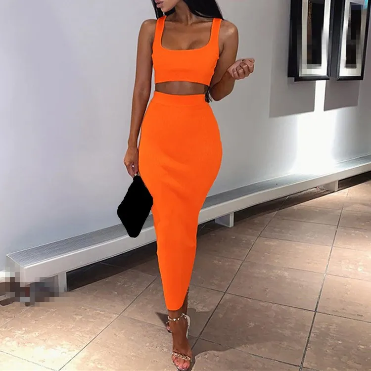 

Women Solid Crop Top +Long Skirt 2 Piece Set Sexy Sleeveless Bodycon Skirts Set Elegant Neon Green Tank Suits Party Clubwear