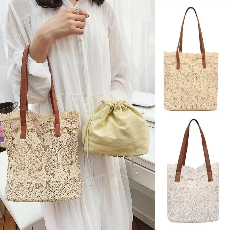 

Sweet Lace Hollow Out Handbags Shoulder Bags Women Popular Large Capacity School Bags Summer Beach Casual Totes Bags Camel White