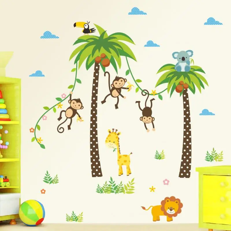 

Removable Stickers Coconut Tree PVC Wall Cartoon Festival Jungle Monkey Pattern 30X90cm