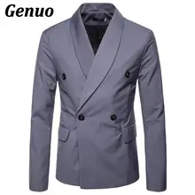Genuo Men Blazer Scarf Collar Autumn Winter Outerwear Plus Size Casual Slim Fit Double Breasted Suit Jacket Male Coat Streetwear Genuo Men Blazer Scarf Collar Autumn Winter Outerwear Plus Size Casual Slim Fit Double Breasted Suit Jacket Male Coat Streetwear