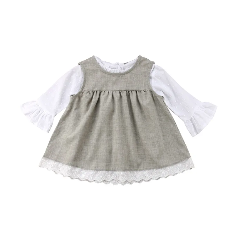 

0-3 Year's Children's Dresses Autumn Toddler Kids Baby Girl Long Sleeve Dress 2Pcs Solid Color Party Pageant Dress Baby Clothes