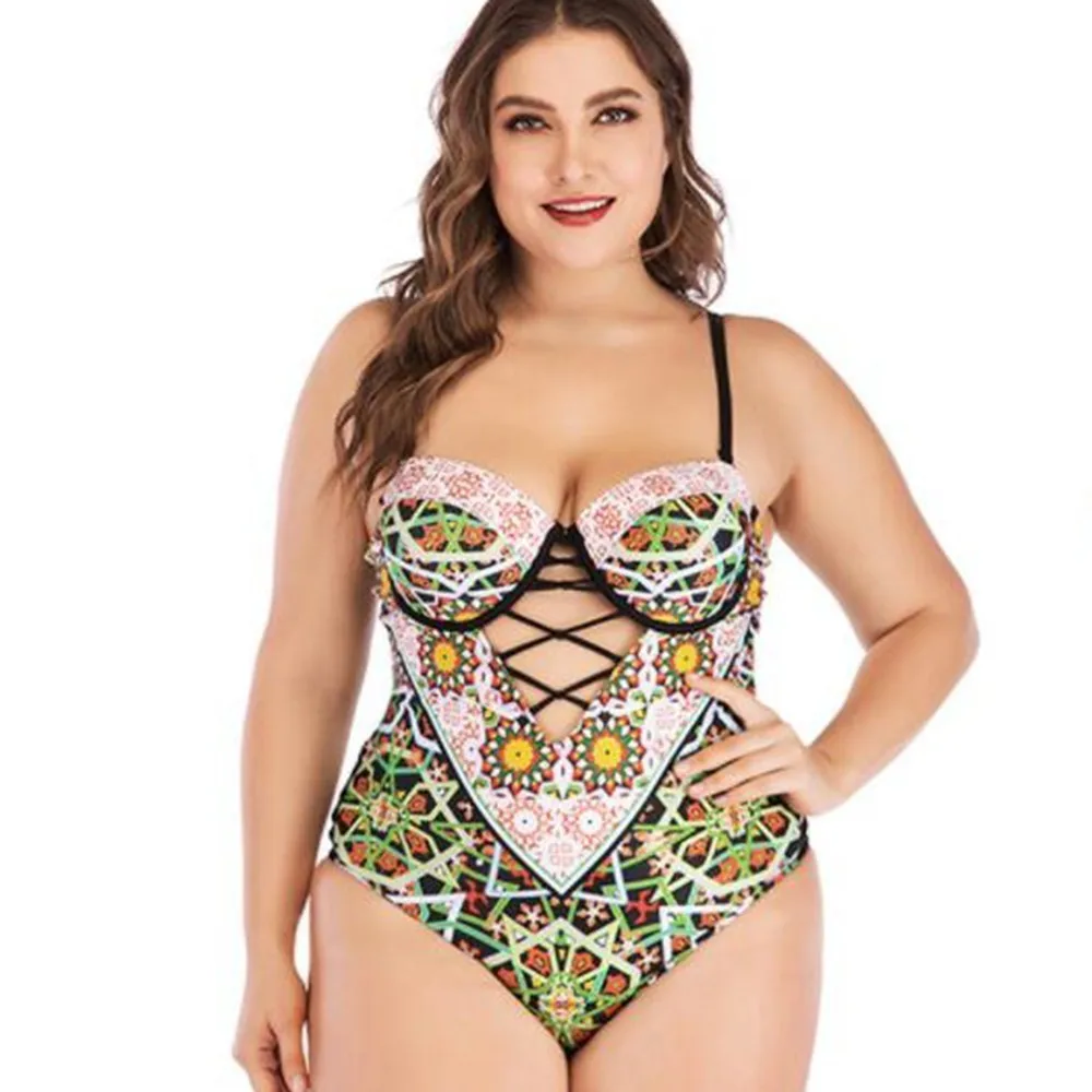 

Plus Size One Piece Swimsuit Women Push Up Swimwear Large Sizes Monokini Vintage Swimming Suit Bandage Bathing Suit Women