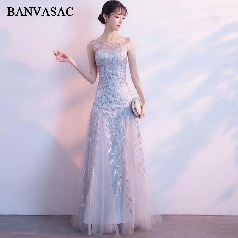 

BANVASAC Illusion O Neck Sequined Appliques A Line Long Evening Dresses Party Tulle Zipper Backless Prom Gowns