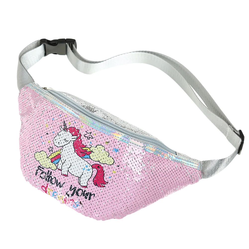 

Women Fashion Cartoon Unicorn Sequins Waist Bag Casual Adjustable Waist Shiny Sequins Waist Bag Girl Sports Trval Phone Bag