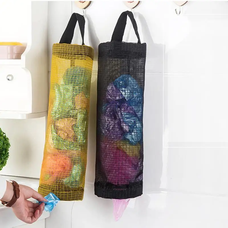 

Grocery Bag Holder Wall Mounted Garbage Bag Storage Holder Dispenser Net Mesh Hanging Bag Kitchen Storage Bag Organizer