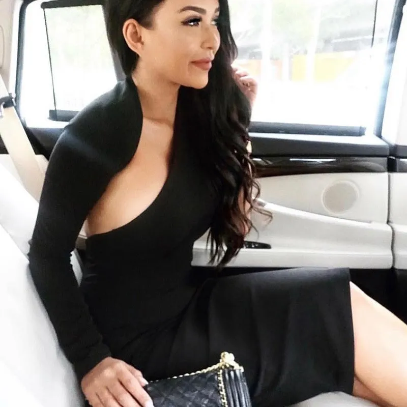 

Sexy One Shoulder Backless Party Dress Women Full Sleeve Bodycon Midi Dresses Black Elegant Dress
