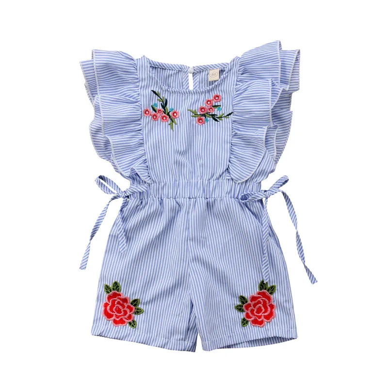 

Toddler Kids Baby Girls Embroidery Flower Striped Rompers Jumpsuit One-piece Lace-up Ruffle Romper Jumpsuit Outfits Clothes 0-5T