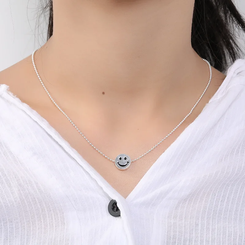 S925 Sterling Silver Necklace Female Cartoon Cute Expression Smiling Face Round Bead Smile Pendant Jewelry Gifts | Украшения и