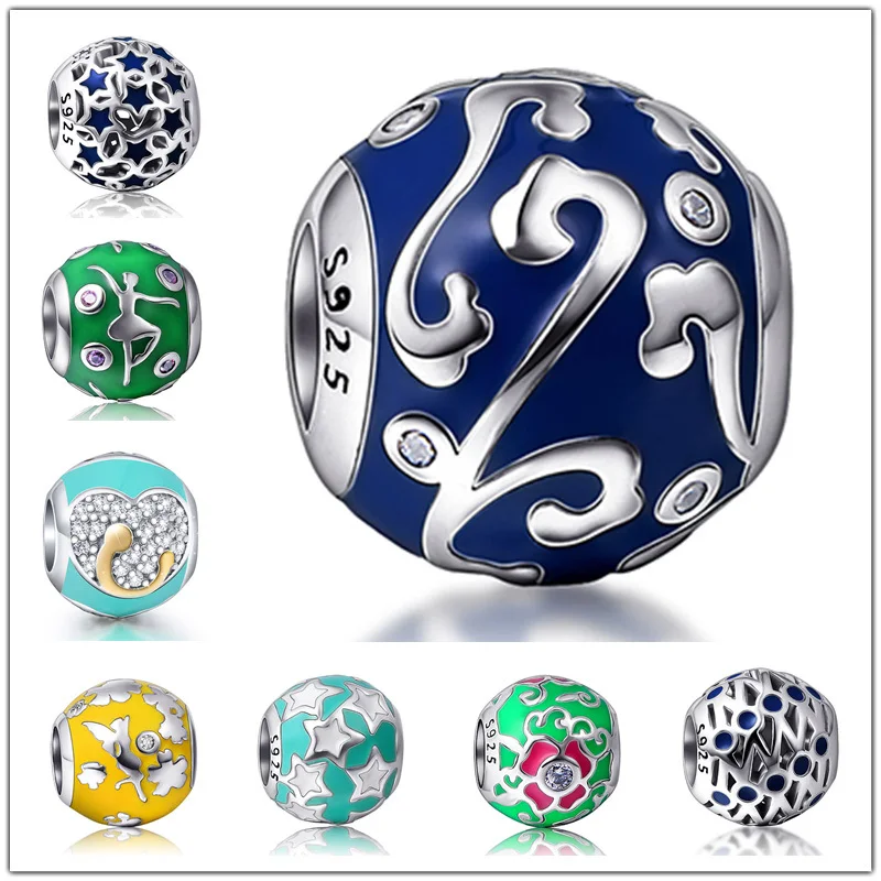 

Fit Original Pandora Bracelet Silver 100% 925 Original color Enamel Charms Beads with Bule CZ DIY Jewelry Making for women Gifts
