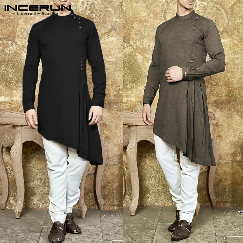 الرجال قميص الهندي كورتا دعوى بلون طويلة الأكمام القطن عارضة قمم الرجال الإسلامية مسلم العربية قفطان الرجال طويلة قميص 3XL INCERUN
