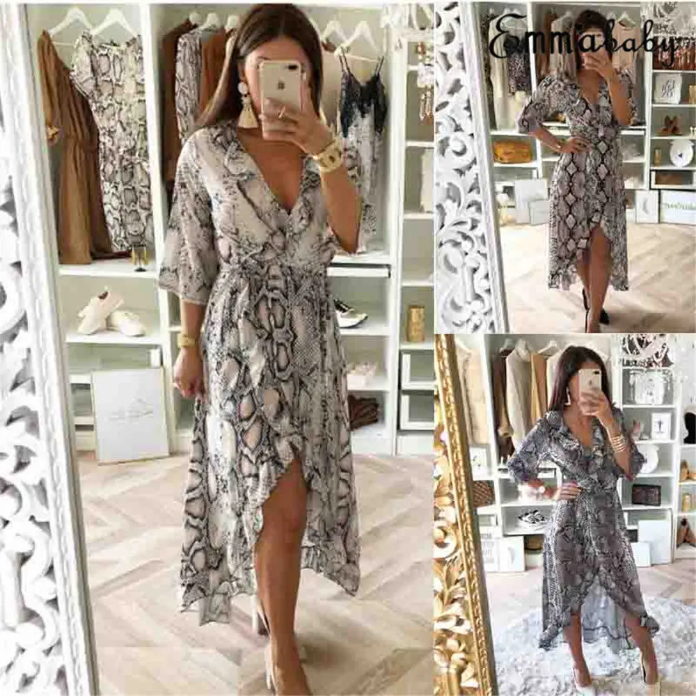 

Women Vintage Style Snakeskin Printed Deep V Neck Long Sleeve Split Long Maxi Dress