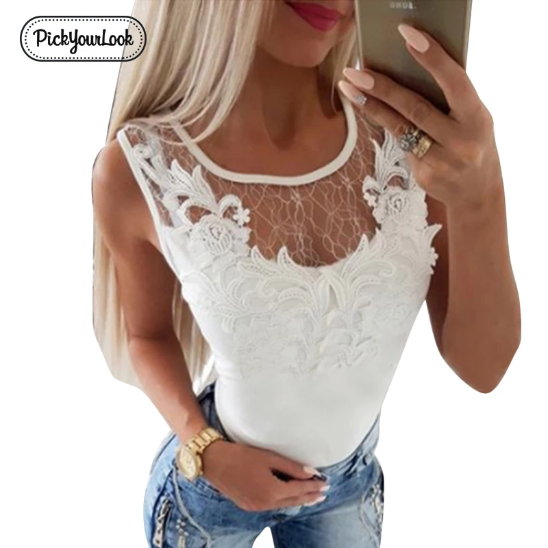 

Pickyourlook Sleeveless Blouses Tank Tops Women White Sexy Club Mesh Lace Embroidered Female Blouse Shirt Round Neck Lady Blusas