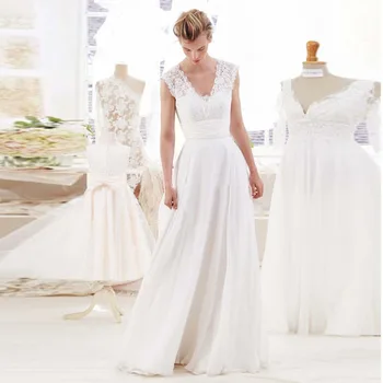 

Eightale Beach Wedding Dress Long V Neck Appliques Lace A Line Chiffon Custom Made Vintage Wedding Gown Vintage Bride Dress 2019