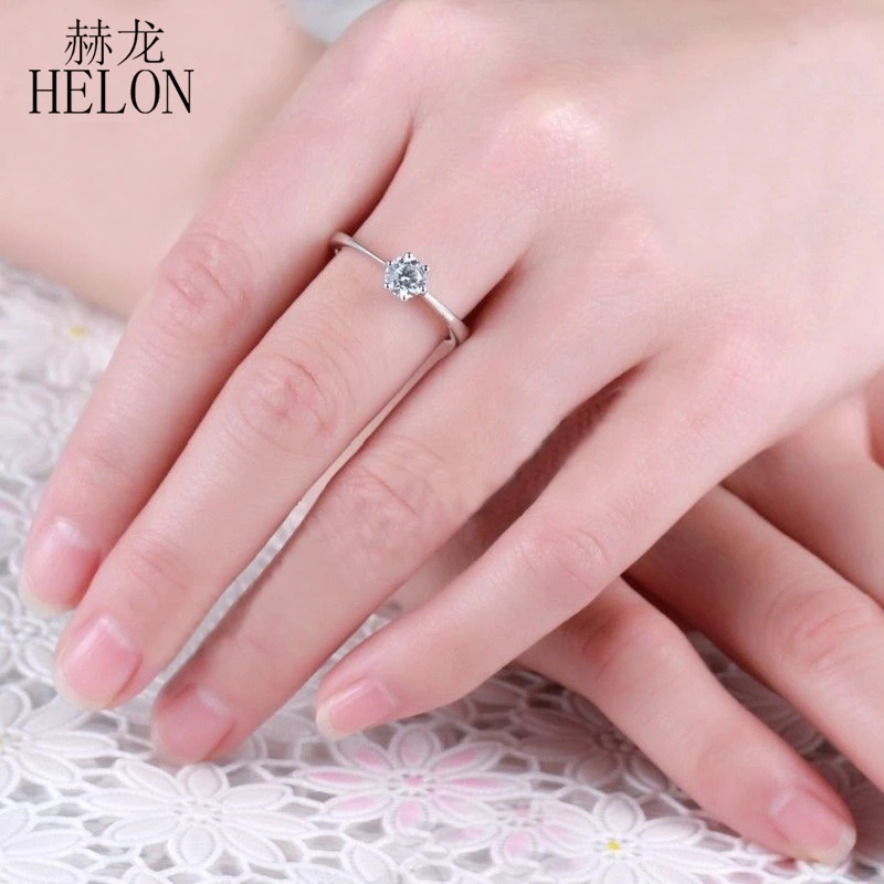 HELON Твердые 14 k White 0.5ct круглый искусственный бриллиант Обручение обручальное кольцо качественные муассаниты дамы кольцо Fine Jewelry