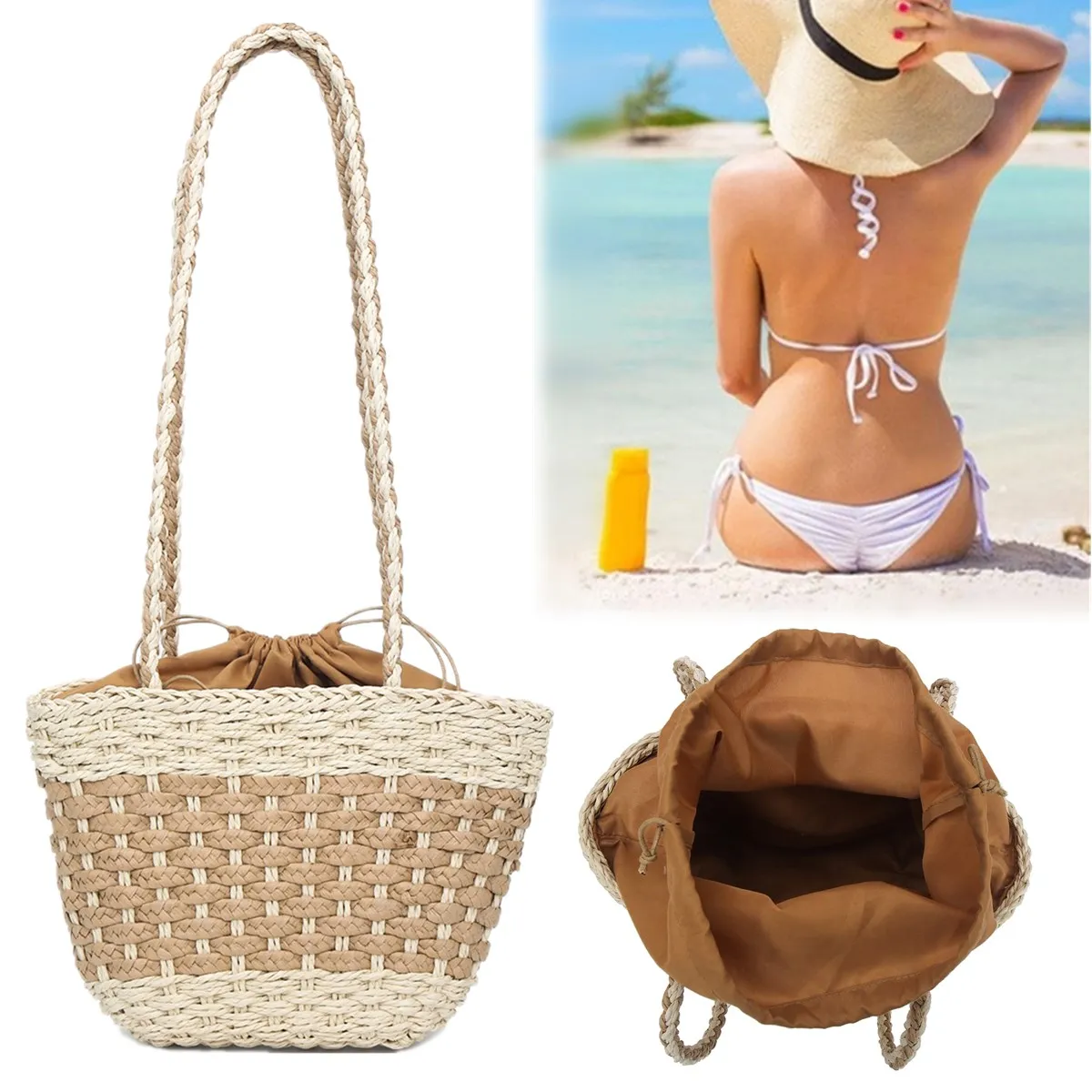 

Hot Sale Summer Straw Bag Women Bali Rattan Beach Bag Weaving Handbags Ladies Buckets Shoulder Bag Crossbody Bag Drawstring
