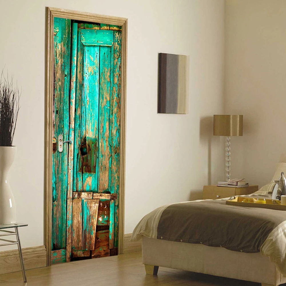 

New 3D Old Green Wooden Door Wall Mural Wallpaper Stickers Vinyl Waterproof Removable Decals for Home Room Decoration 30.3x78.7"