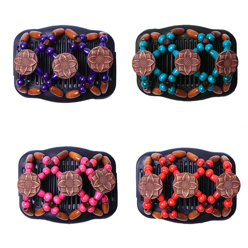

New Flower Retro Double Beaded Hair For Women Magic Comb Clip Beads Elasticity Hairpin Stretchy Hair Combs Pins Hair Accessories