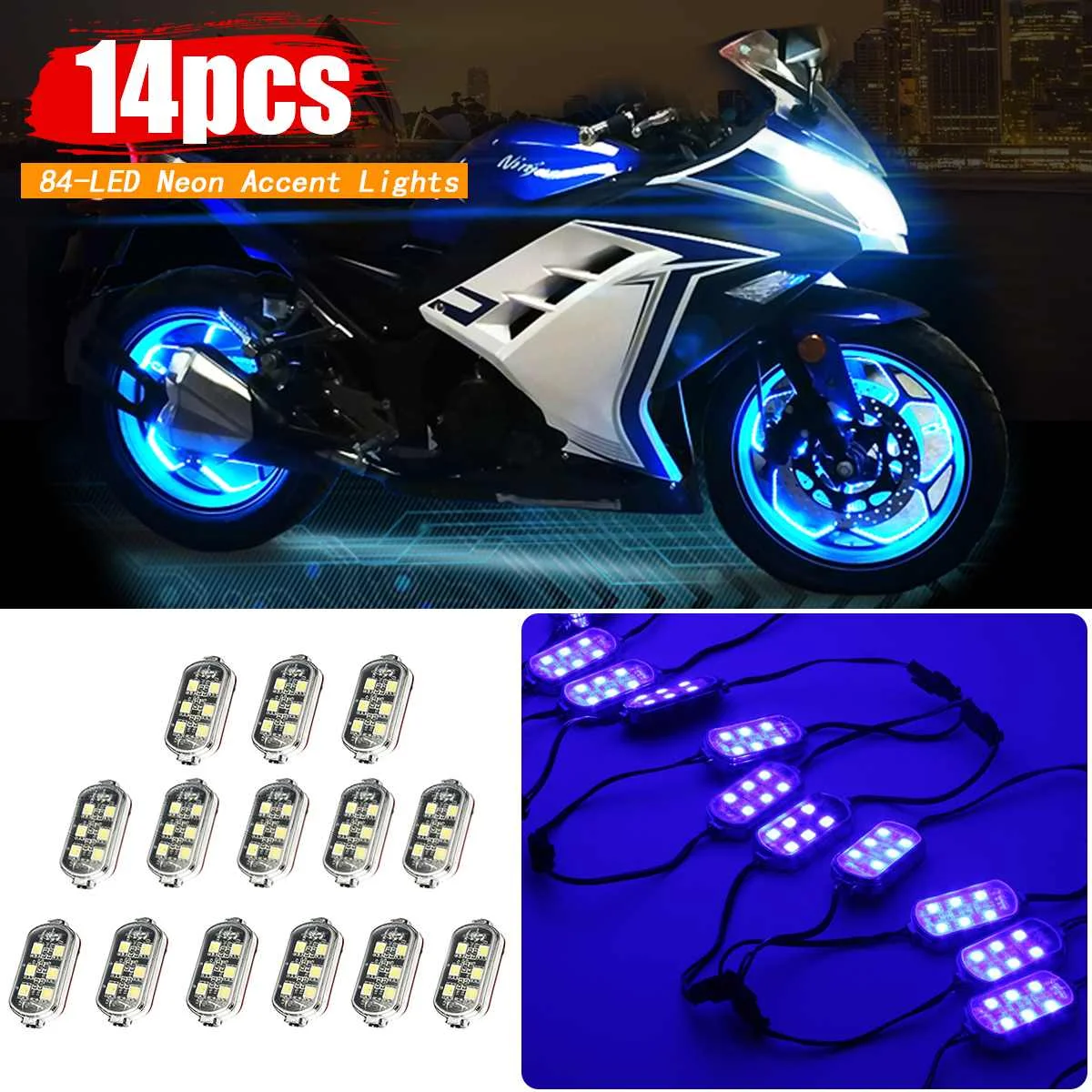 

14 Pcs 12V Motorcycle Bike Wireless Control Remote 84-LED Neon Accent Lights Blue