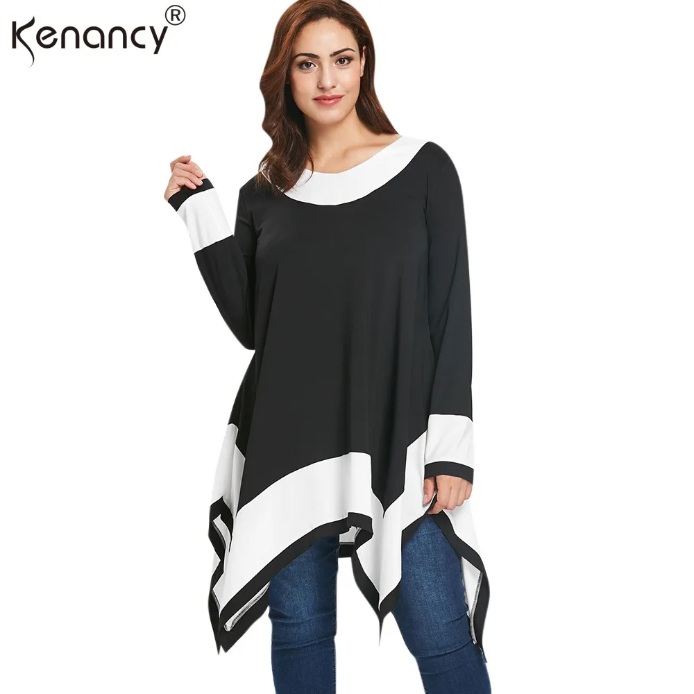 

kenancy Plus Size Contrast Black White Long Sleeve Handkerchief T-Shirt Female Autumn Tops Women T-Shirts Big Size Clothing 5XL