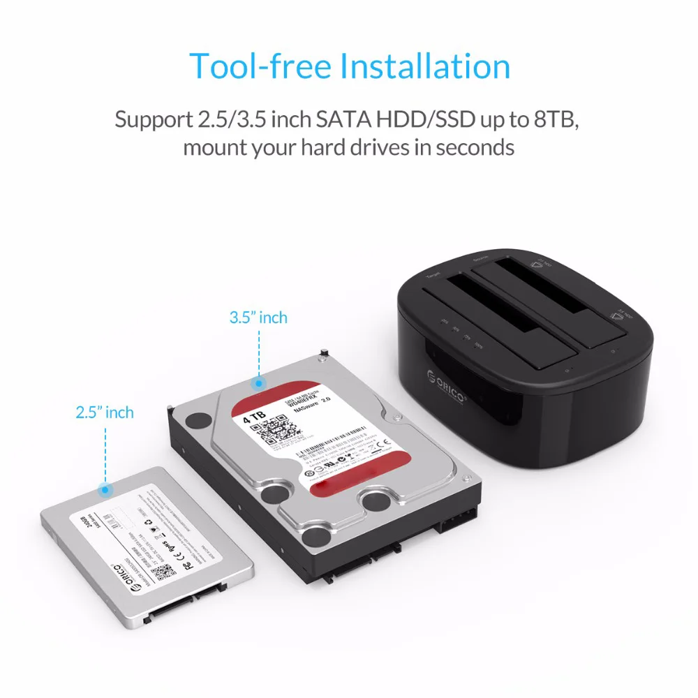  Estación de acoplamiento de disco duro de doble Bahía Orico 6228US3 USB 30 a SATA para 25/35 pulgad